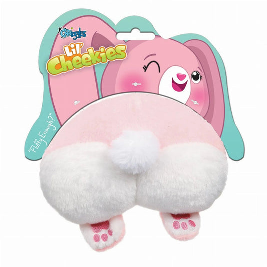 Grriggles Lil' Cheekies pink and white plush bunny dog toy with squeaker on retail packaging