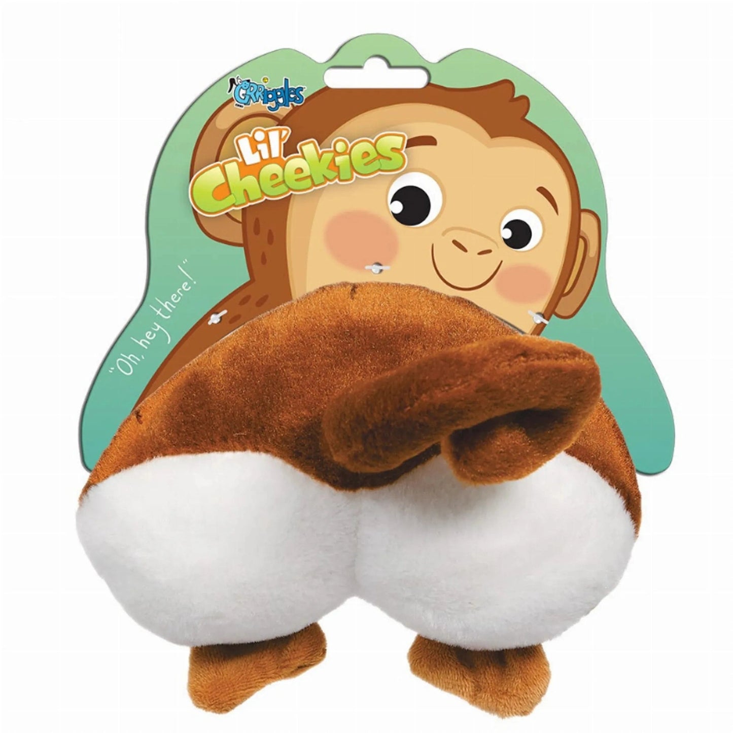 Grriggles Lil Cheekies Monkey Squeaky Plush Dog Toy brown and white with retail packaging