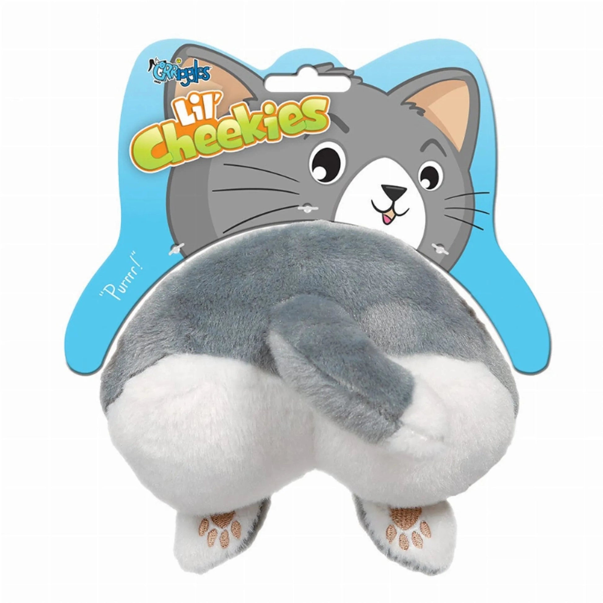 Grriggles Lil' Cheekies gray and white cat rear plush toy with squeaker on packaging