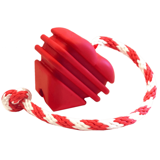 Red SodaPup heart rubber chew toy with ridges and braided rope detail