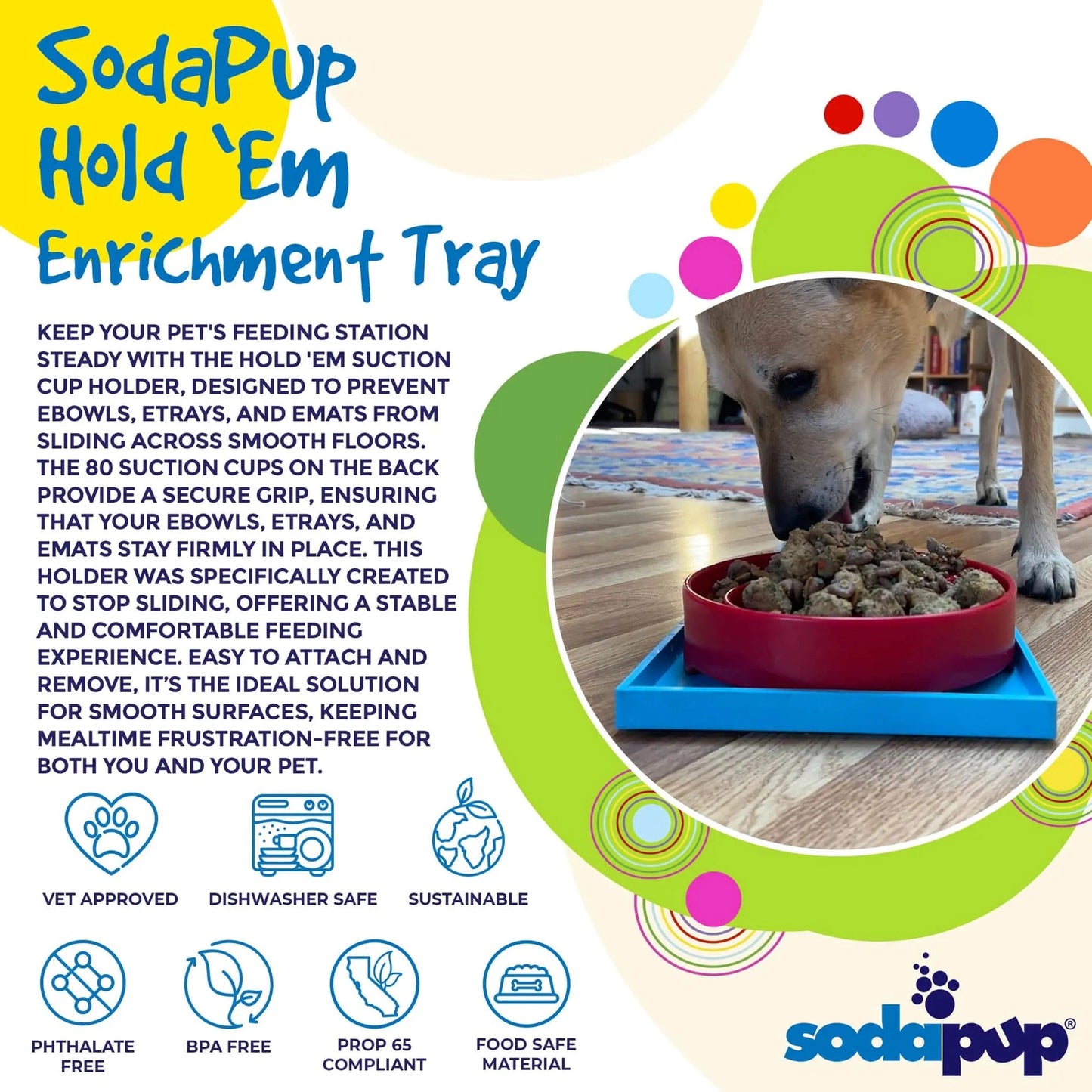 Blue SodaPup Hold 'Em enrichment tray with 80 suction cups under kibble bowl for dogs