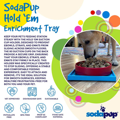 Blue SodaPup Hold 'Em enrichment tray with 80 suction cups under kibble bowl for dogs