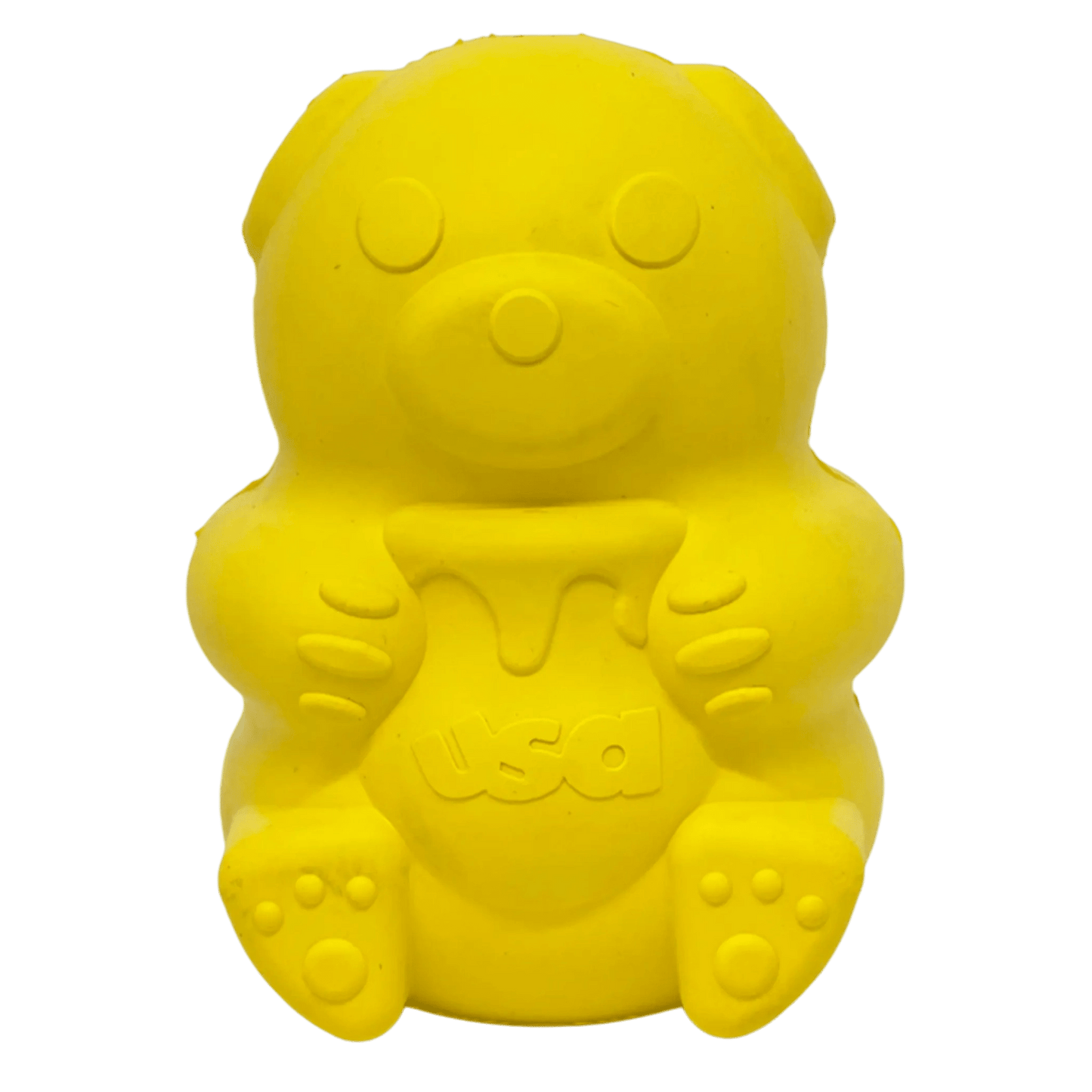 Front view of SodaPup yellow honey bear natural rubber dog toy with USA marking