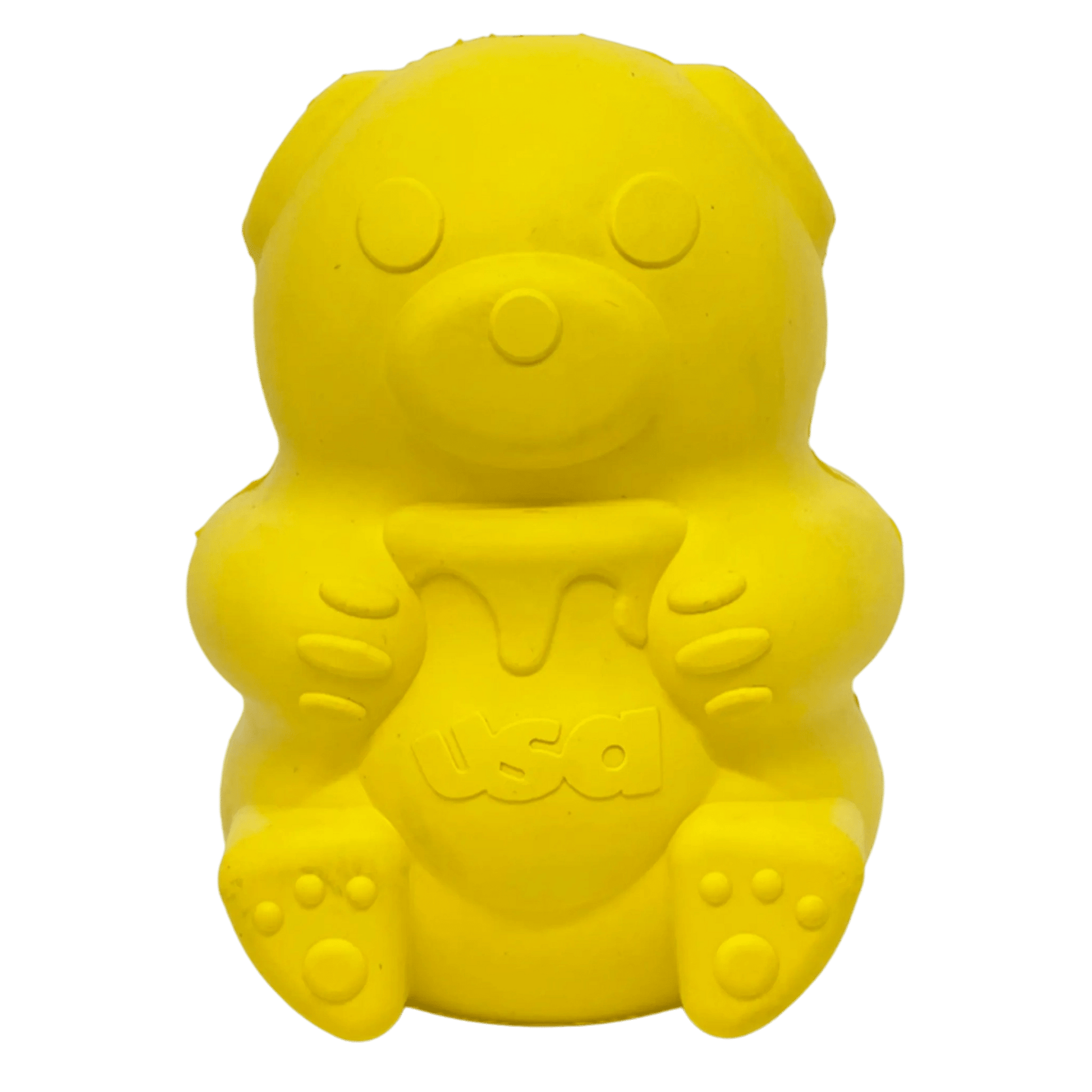 Front view of SodaPup yellow honey bear natural rubber dog toy with USA marking