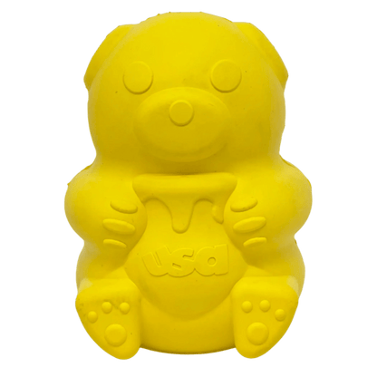 Front view of SodaPup yellow honey bear natural rubber dog toy with USA marking