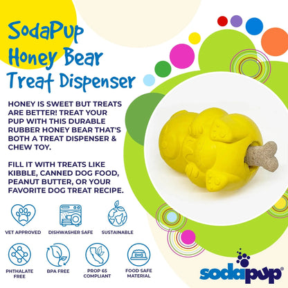 Yellow honey bear treat dispenser with bone-shaped treat inserted in rear opening