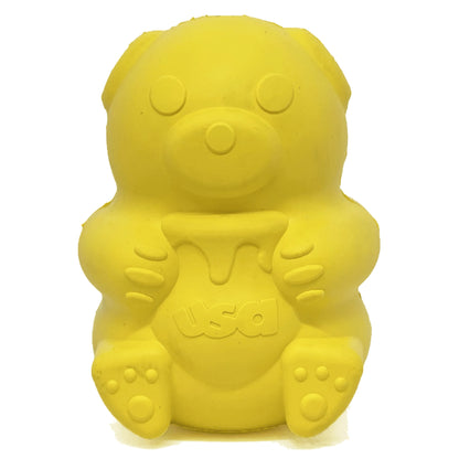 Yellow natural rubber honey bear dog toy with USA embossed belly