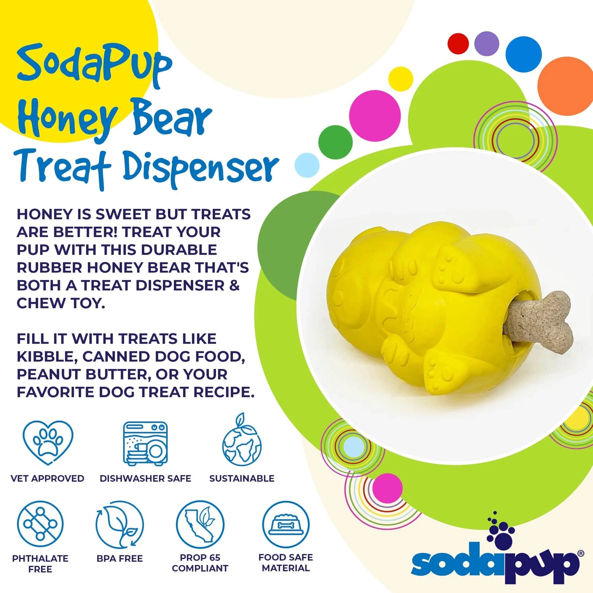 SodaPup yellow honey bear treat dispenser with bone-shaped treat