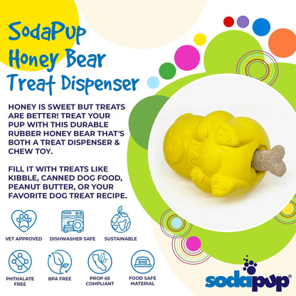SodaPup yellow honey bear treat dispenser with bone-shaped treat