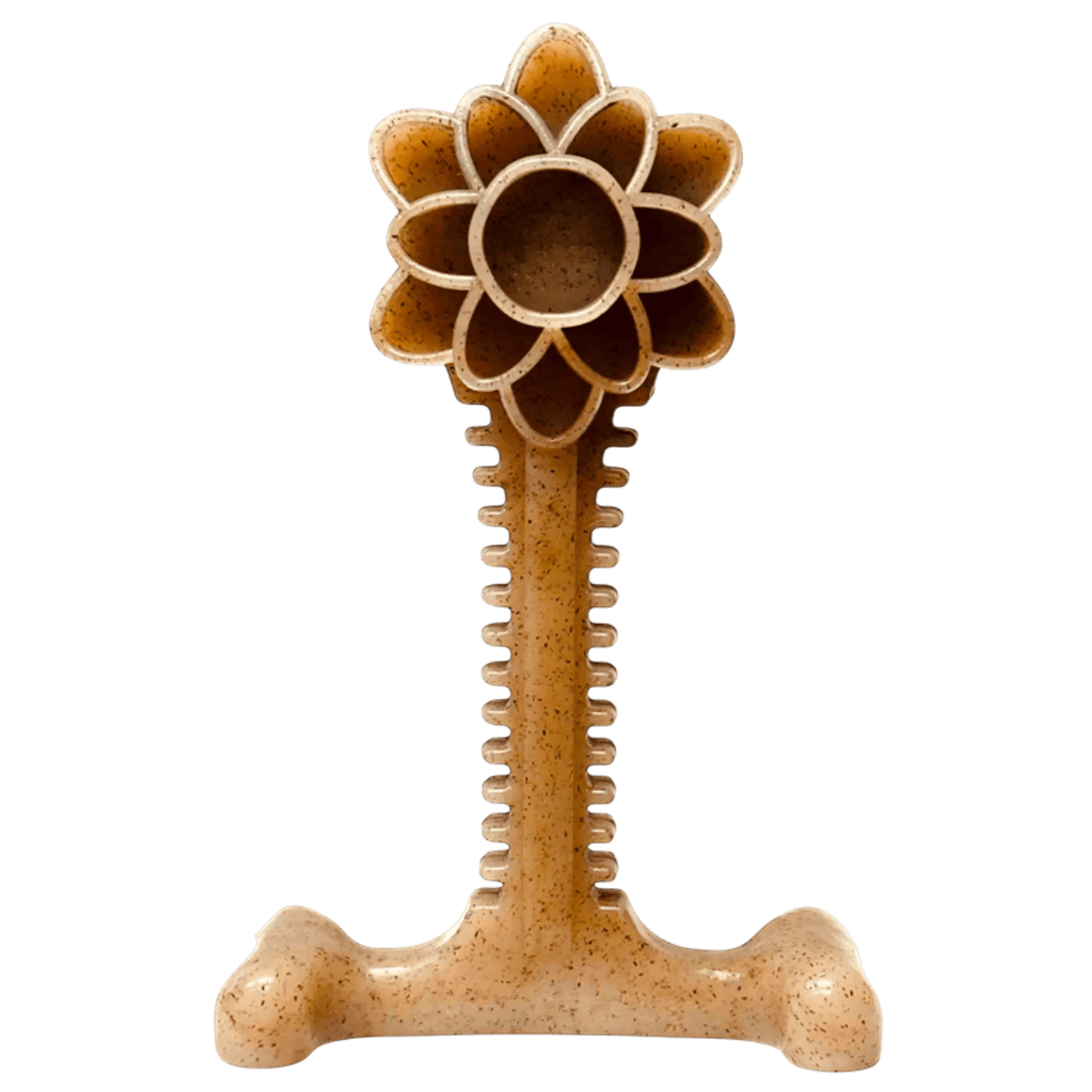 Studio shot of tan speckled Nylon Flower Tower dog toy with bone base and eight petal top