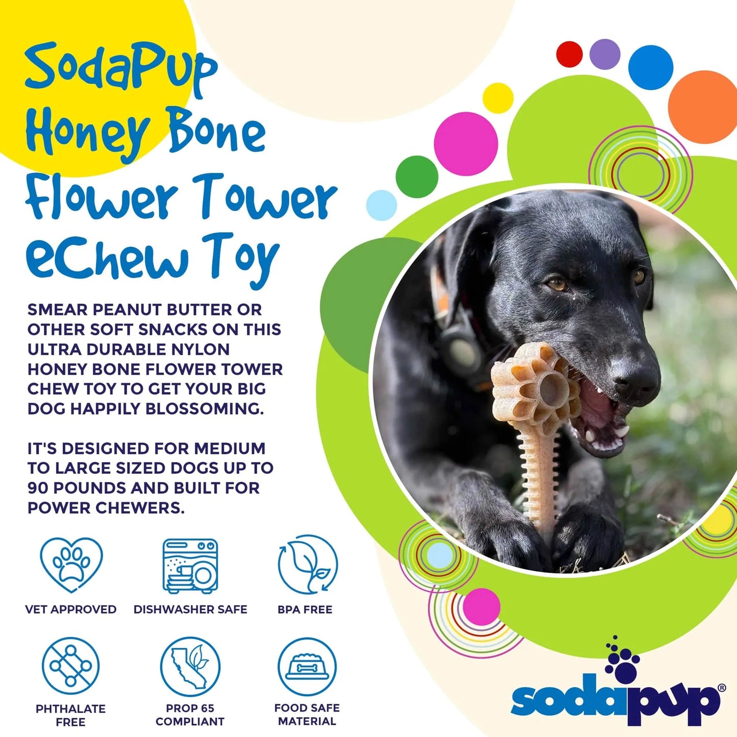 SodaPup Honey Bone Flower Tower eChew Toy for medium to large dogs with vet approved BPA free nylon