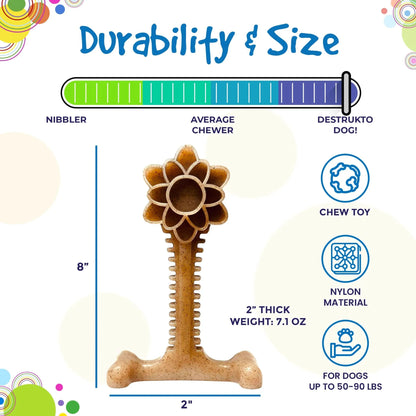 Tan speckled Nylon Flower Tower dog toy dimensions and durability scale for super chewers up to 90 lbs