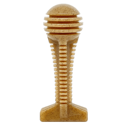 Tan speckled nylon honey bone dental chew toy with ribbed flower tower design