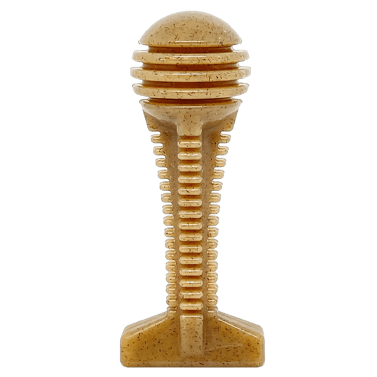 Tan speckled nylon honey bone dental chew toy with ribbed flower tower design