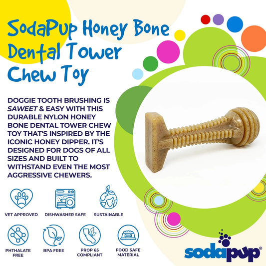 Tan speckled nylon honey bone dental chew toy with ribbed flower tower design