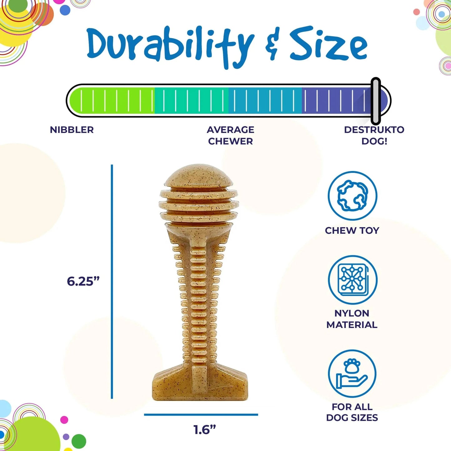XL SodaPup Honey Bone chew toy durability chart and dimensions infographic