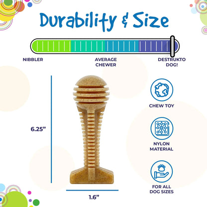 XL SodaPup Honey Bone chew toy durability chart and dimensions infographic