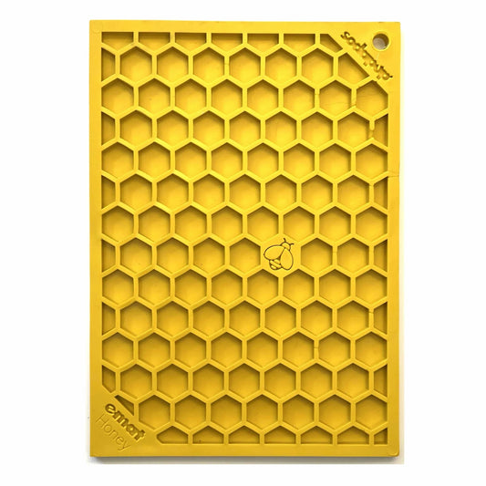 SodaPup yellow honeycomb silicone lick mat with bee icon
