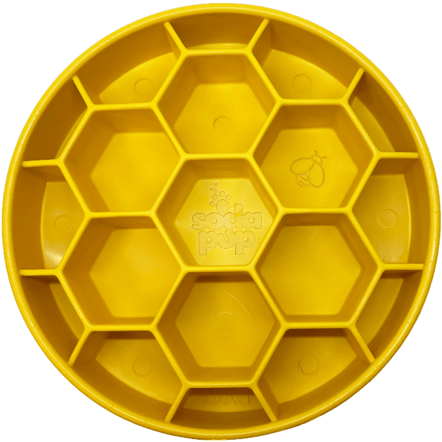 Yellow SodaPup hexagonal slow feeder bowl top view with embossed bee logo