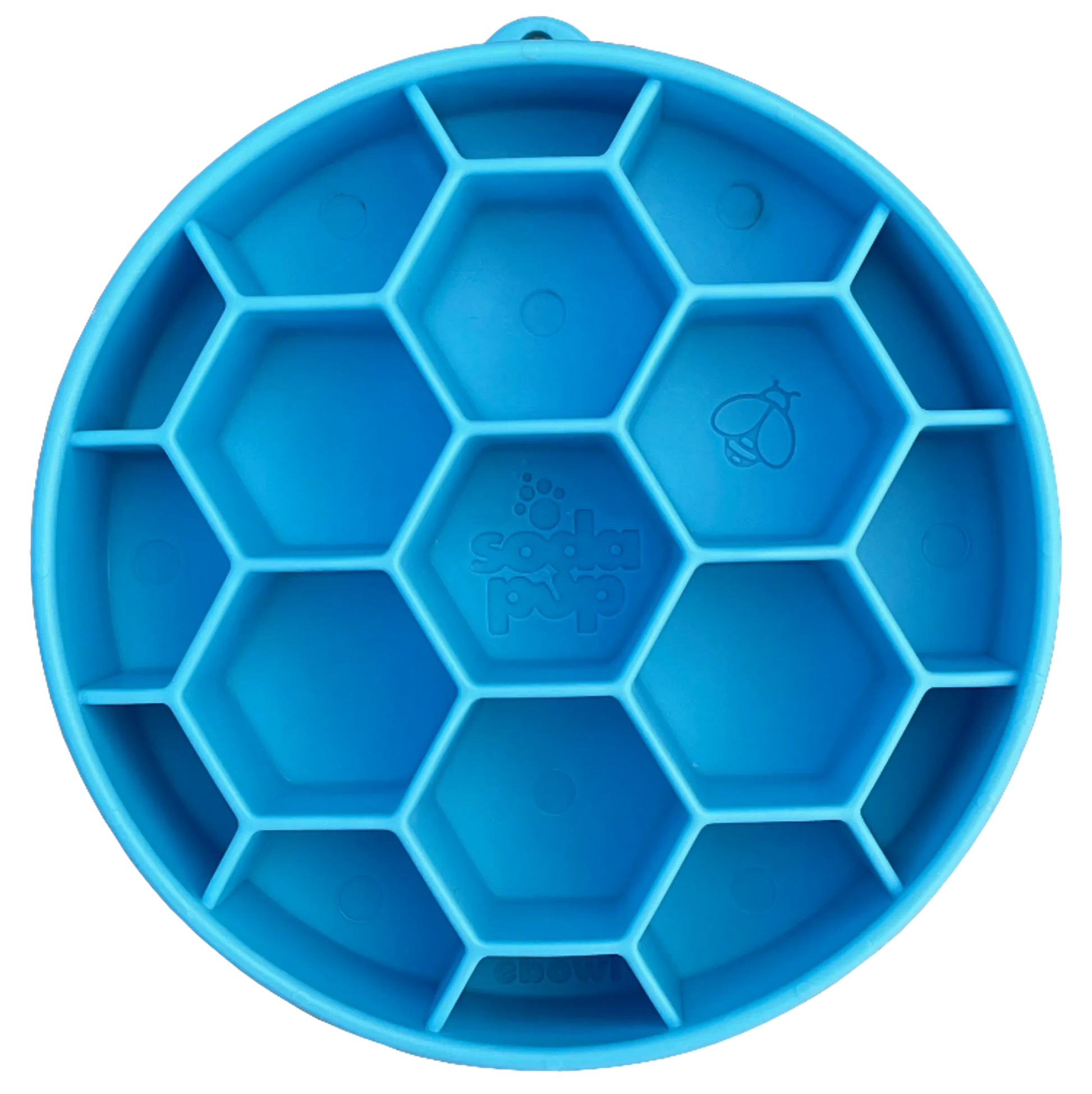 Blue SodaPup eBowl slow feeder with honeycomb pattern and side loop handle