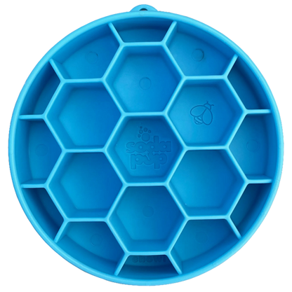 Blue SodaPup eBowl slow feeder with honeycomb pattern and side loop handle