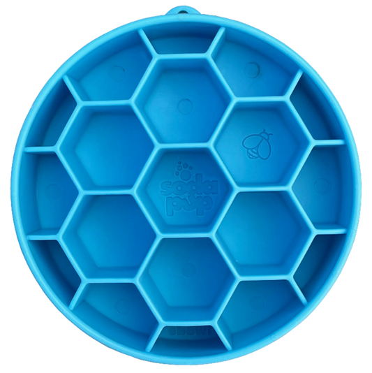 Yellow SodaPup hexagonal slow feeder bowl top view with embossed bee logo