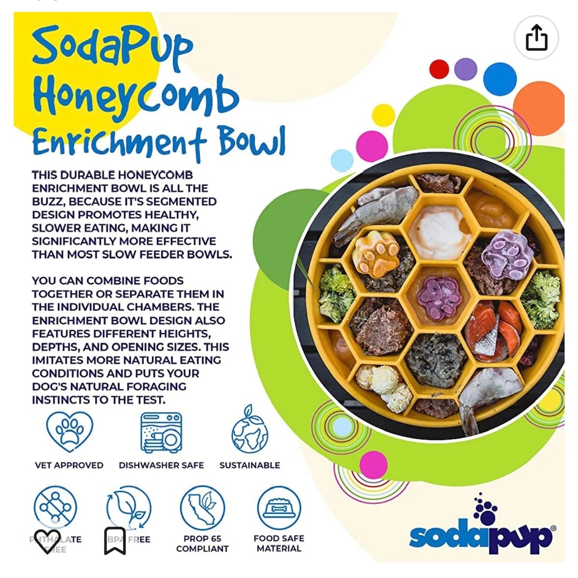 Yellow SodaPup enrichment bowl filled with varied foods highlighting vet approved benefits