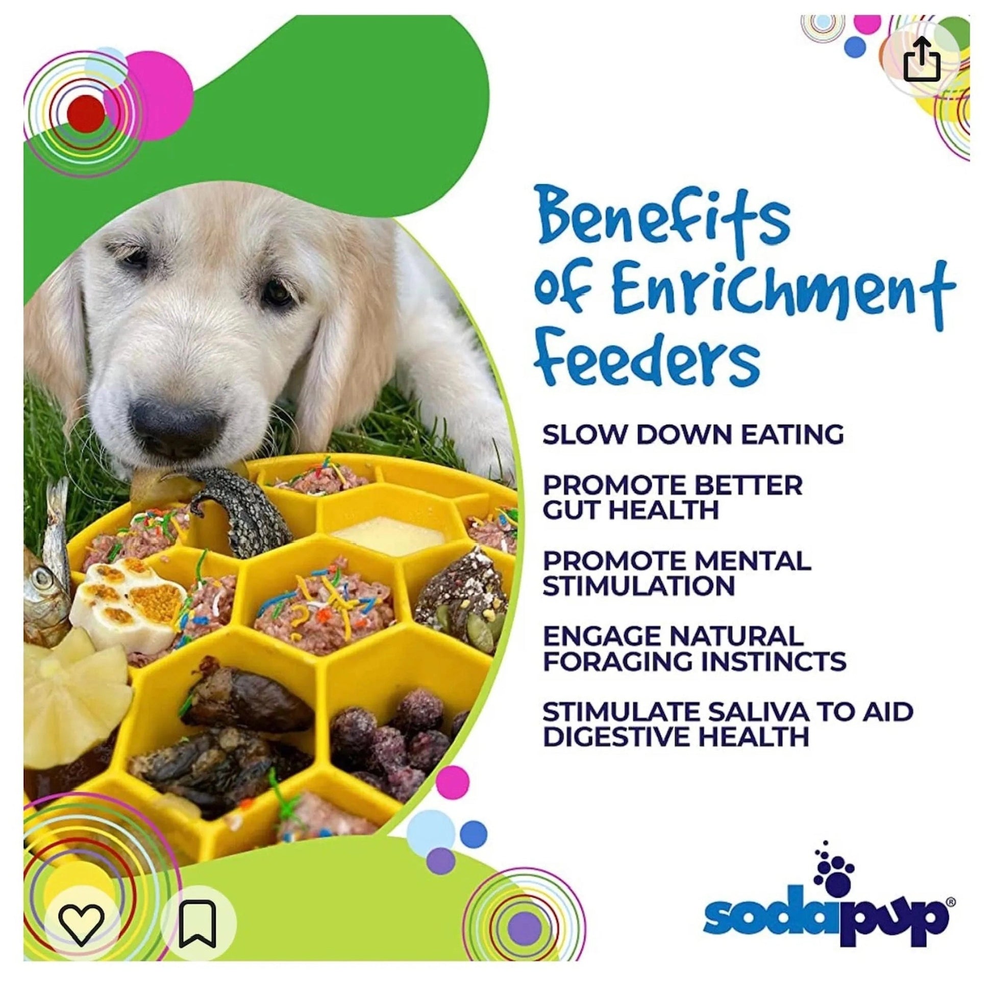 Puppy eating from yellow honeycomb slow feeder bowl with mixed kibble and treats on grass