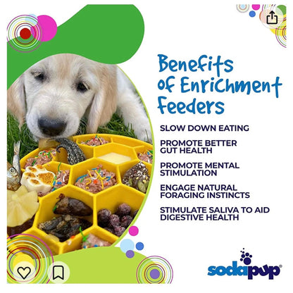 Puppy eating from yellow honeycomb slow feeder bowl with mixed kibble and treats on grass