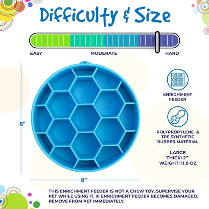Blue SodaPup honeycomb slow feeder bowl with infographic showing enrichment scale and dimensions