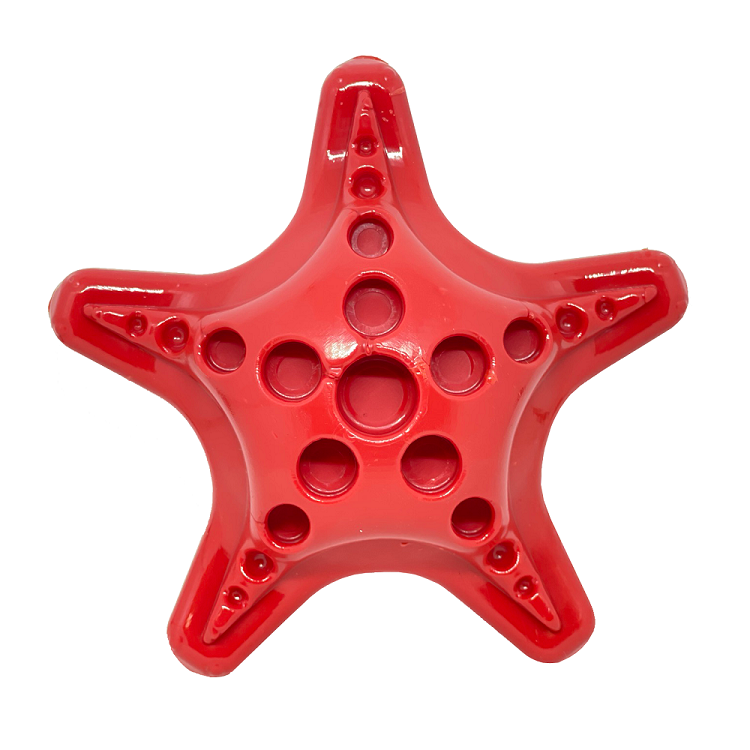 Red starfish nylon chew toy with treat pockets for aggressive dogs