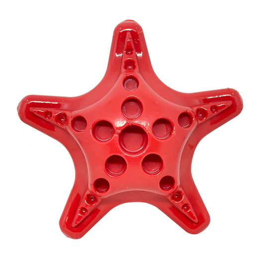 Red starfish nylon chew toy with treat pockets for aggressive dogs