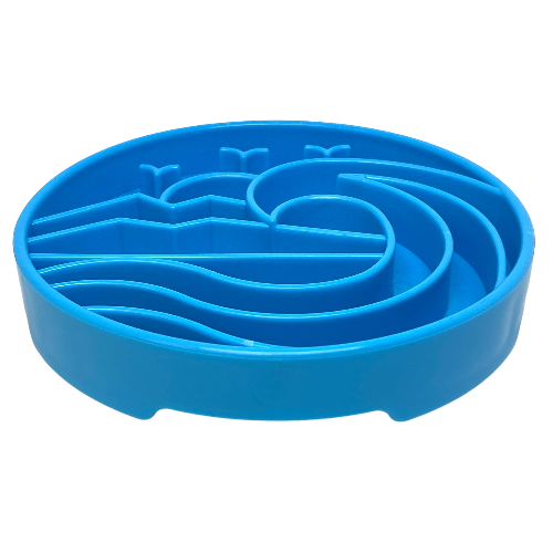 Top view of blue plastic maze-style slow feeder bowl
