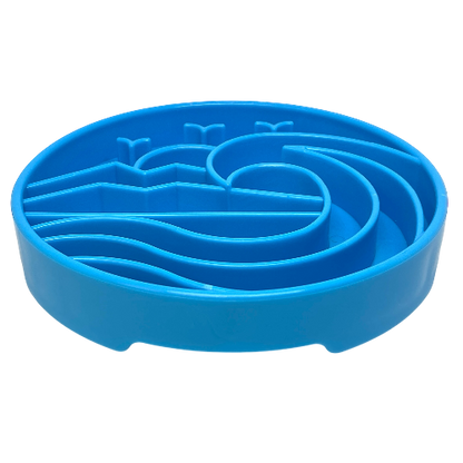 Top view of blue plastic maze-style slow feeder bowl