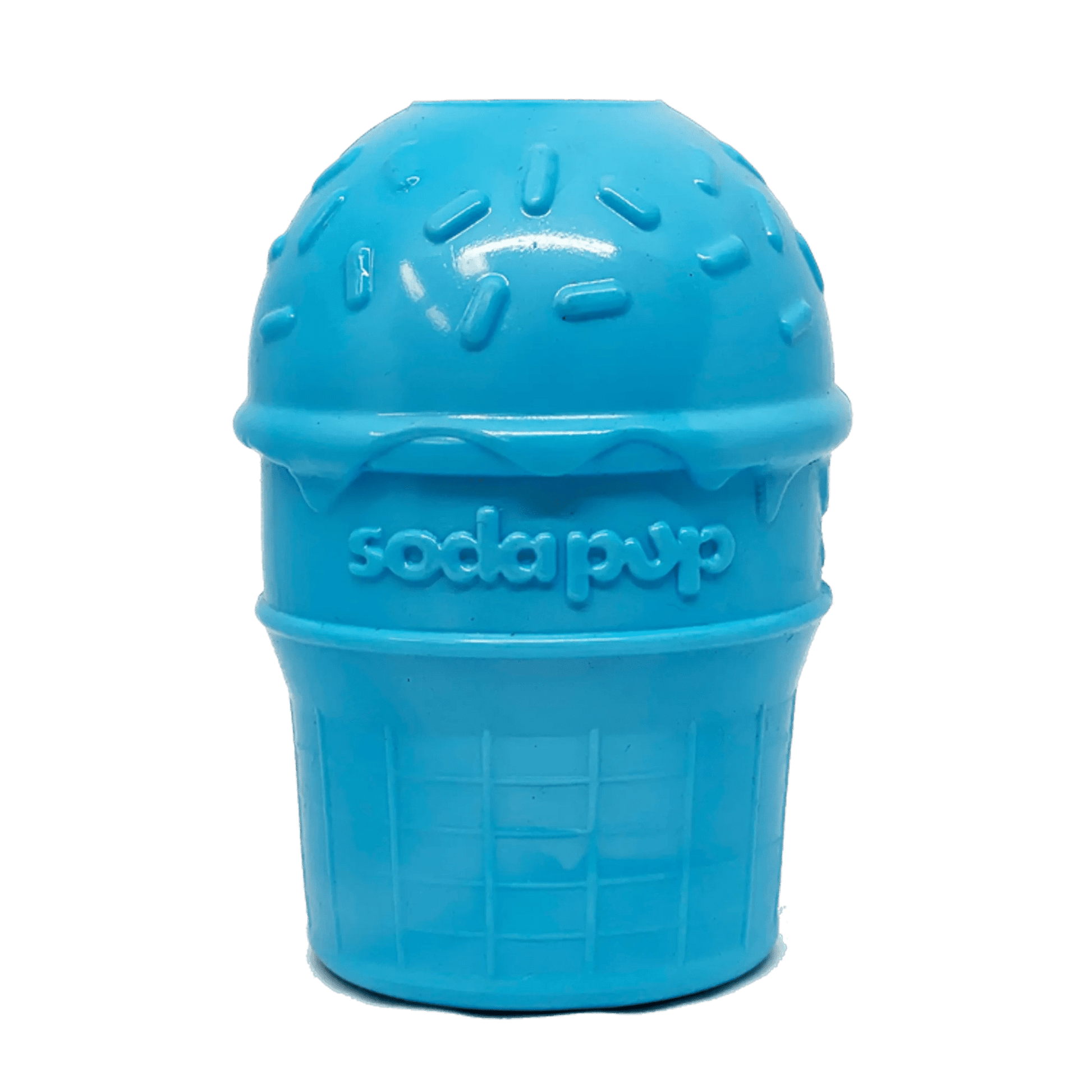 Front view of blue ice cream cone shaped chew toy with raised sprinkles and grid texture