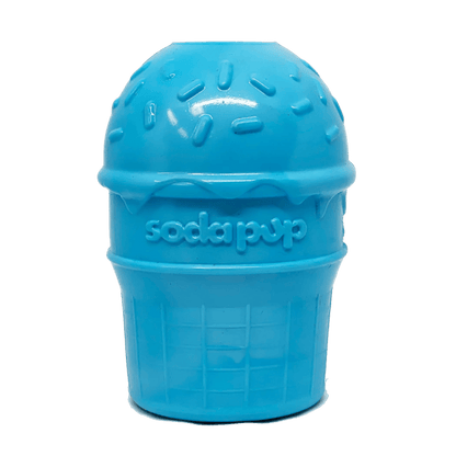 Front view of blue ice cream cone shaped chew toy with raised sprinkles and grid texture
