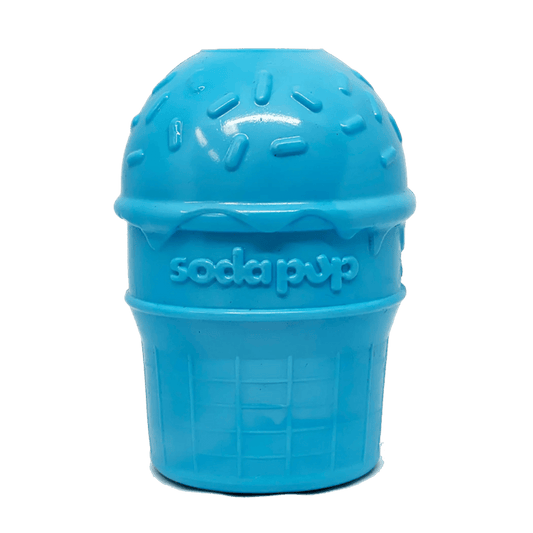 Front view of blue ice cream cone shaped chew toy with raised sprinkles and grid texture