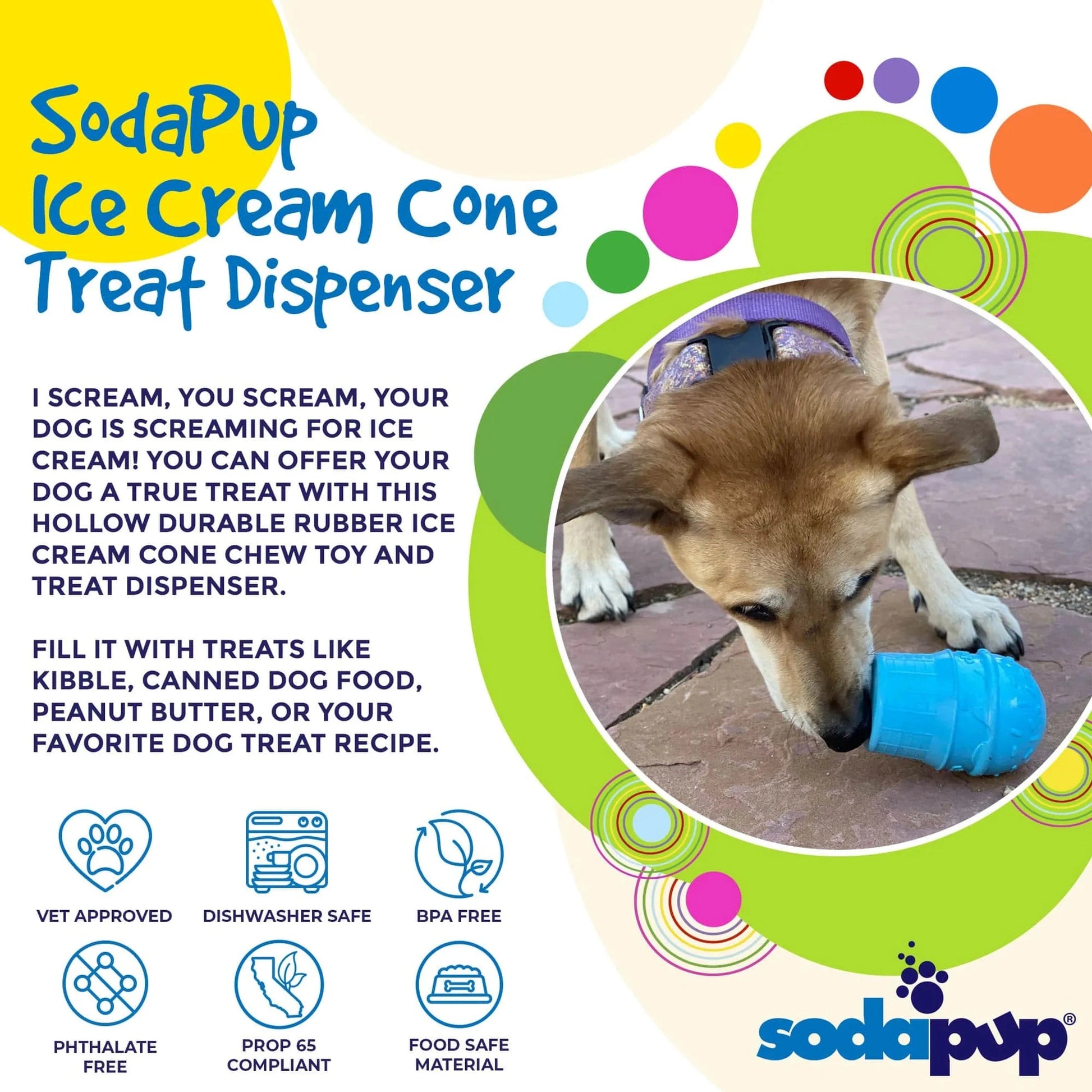 SodaPup blue rubber dog toy filled with treats to slow eating and provide mental stimulation