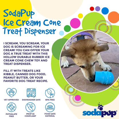 SodaPup blue rubber dog toy filled with treats to slow eating and provide mental stimulation