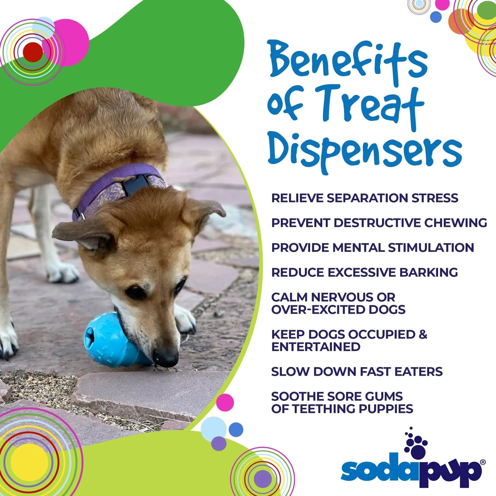 Blue ice cream cone treat dispenser for dogs relieves stress and prevents destructive chewing
