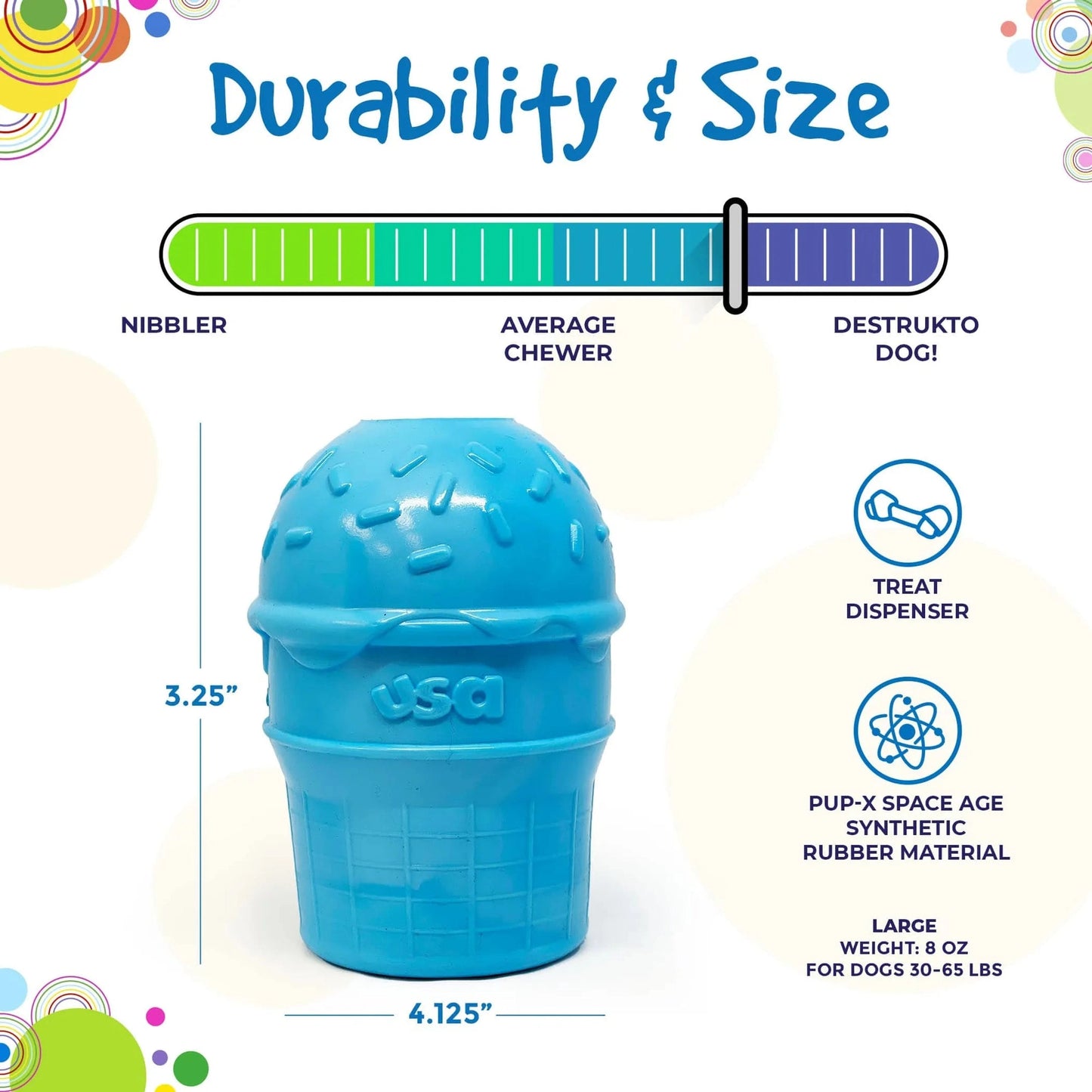 Large blue natural rubber treat dispenser for dogs 30-65 lbs made in USA