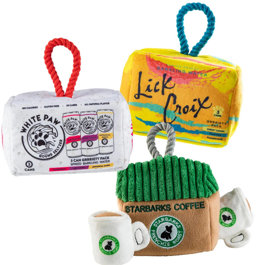 Haute Diggity Dog Interactive Toy Sampler Bundle with plush seltzer, coffee cup, and mug dog toys