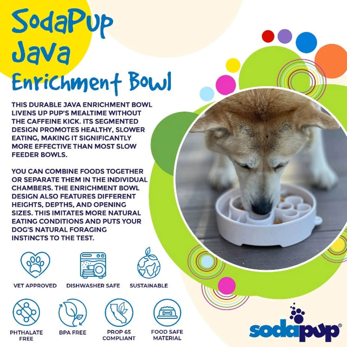 Tan dog using durable BPA-free enrichment bowl outdoors on deck