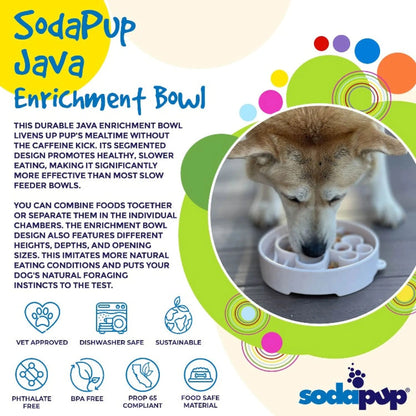 Tan dog using durable BPA-free enrichment bowl outdoors on deck