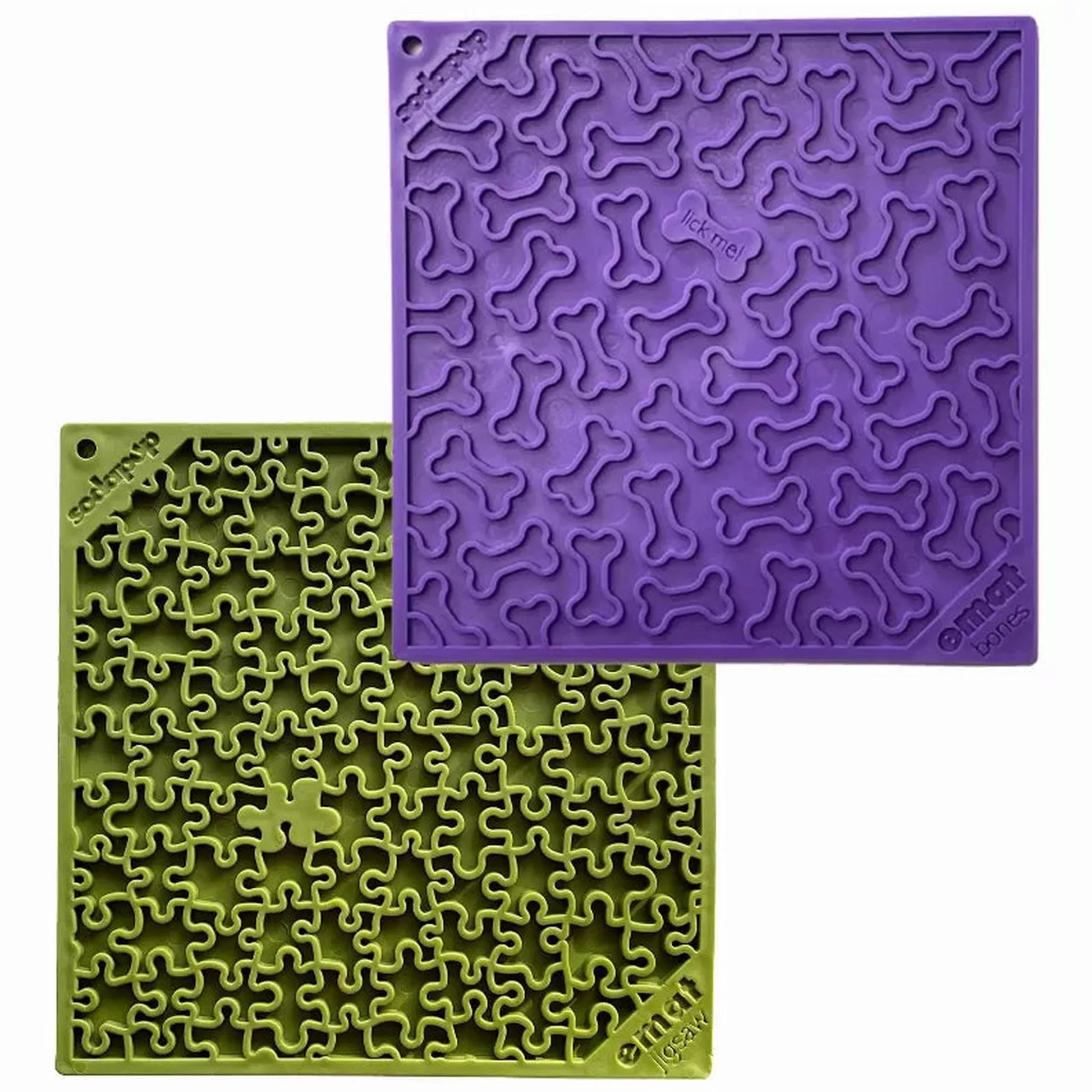 Purple bone and green jigsaw silicone lick mats by SodaPup