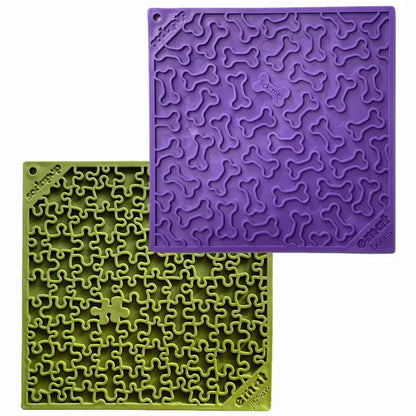 Purple bone and green jigsaw silicone lick mats by SodaPup