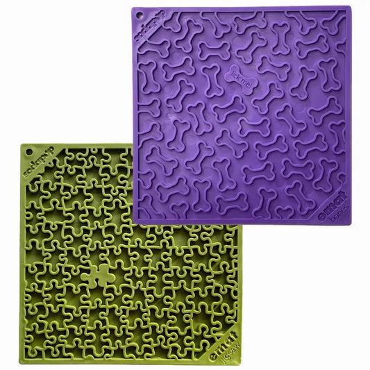 Purple bone and green jigsaw silicone lick mats by SodaPup