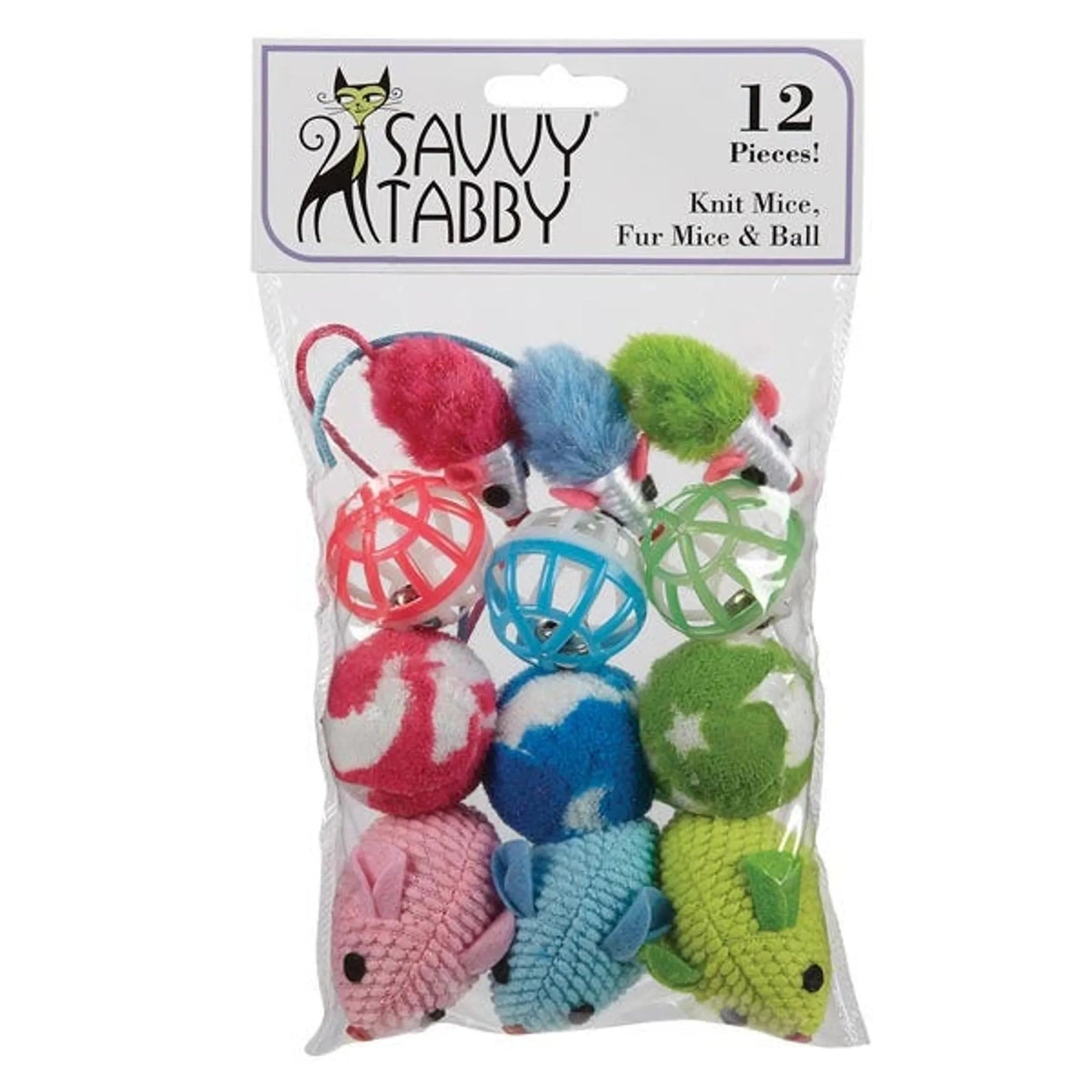 Savvy Tabby 12-pack knit and fur mice cat fetch toys with balls in pink blue green