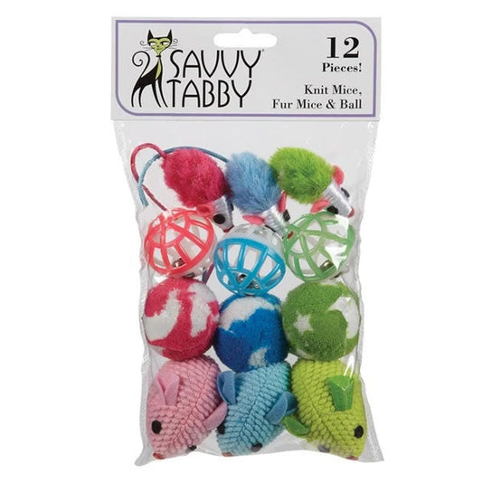Savvy Tabby 12-pack knit and fur mice cat fetch toys with balls in pink blue green