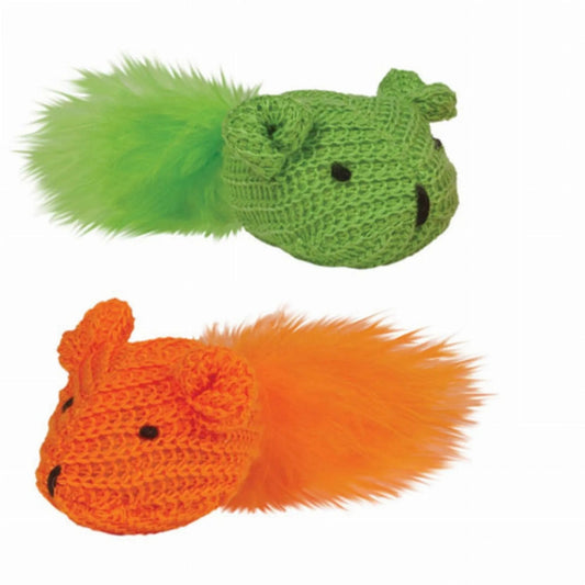 Green and orange knit mouse cat toys with feather tails